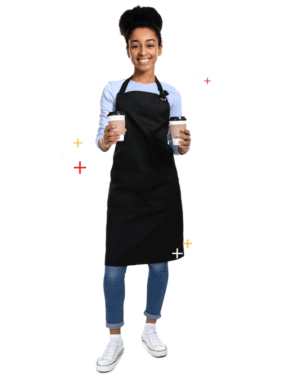 barista smiling holding two cups of to-go coffee barista smiling holding two cups of to-go coffee