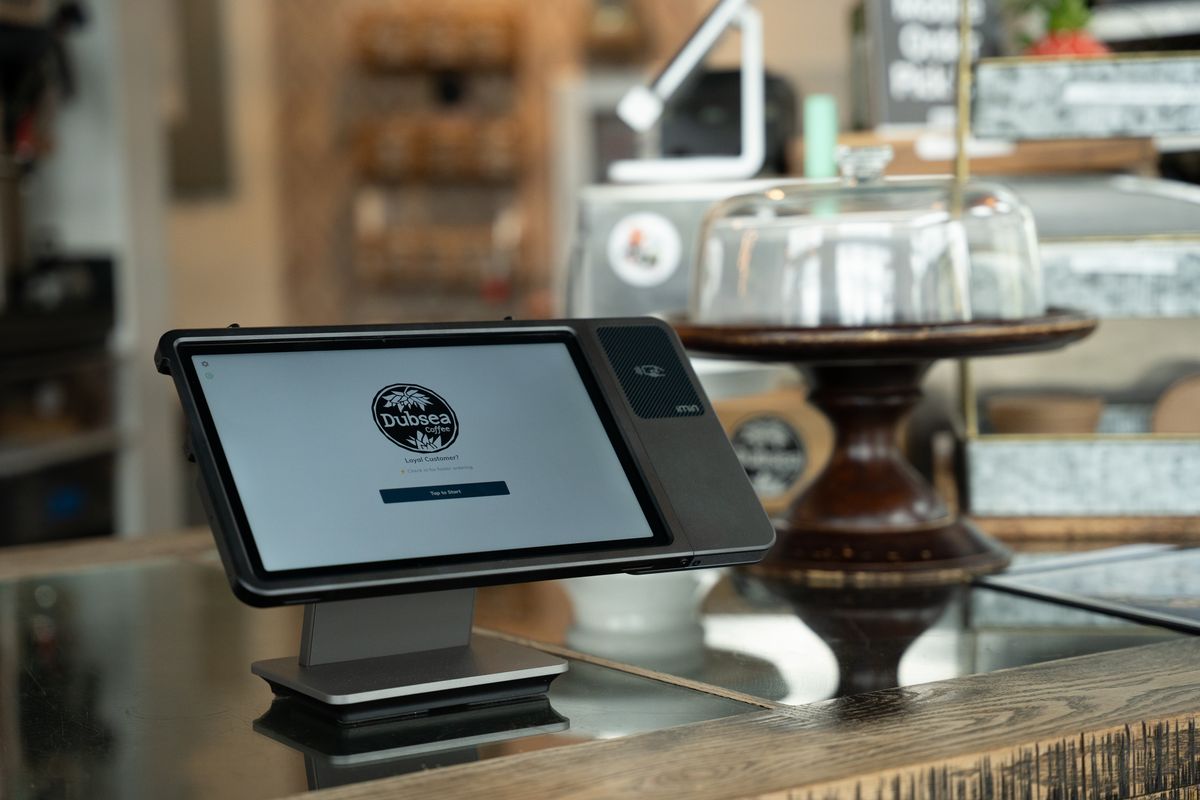 Joe point of sale tablet on a coffee shop counter